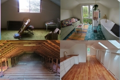 Attic remodel, sound proof floor, with reused fir hardwood, custom slide door closets, stand alone bath tub and modern tiles